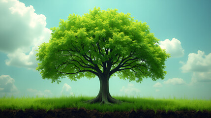 Obraz premium Lush green tree standing alone on a grassy hill under a clear blue sky adorned with clouds during daylight