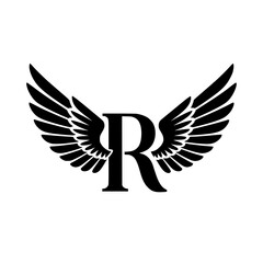 Obraz premium Winged Letter R Black Logo Design, Black letter R with symmetrical wings, forming a bold and stylish logo. Ideal for branding, aviation, business, sports, or creative identity. 