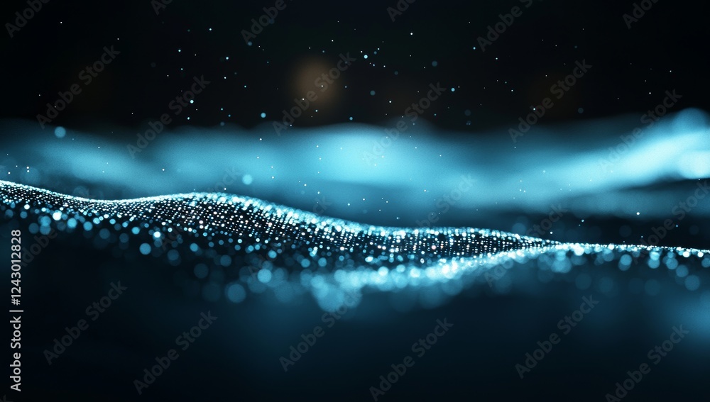 Poster a digital cyberspace scene dominated by particles against a backdrop of a digital data network. stoc
