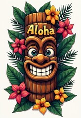 Tiki carving with Aloha inscription surrounded by tropical flowers and greens on a sunny day in a beach setting