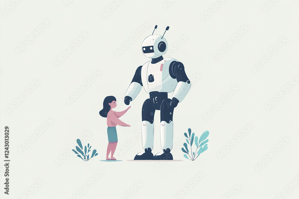 Aufkleber robot and child interact in a friendly manner, showcasing technology and innocence in a serene envir