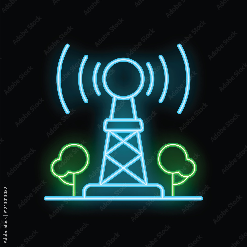 Poster neon radio tower emitting a signal surrounded by trees on a dark background