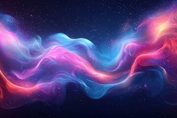 A neon-colored gradient wave of futuristic hi-tech waves and dots, with pixel particles flying and a glowing effect, set against a blurred background