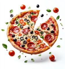 In a whimsical style with a white background, flying pizza pieces of salami and cheese, olives, tomatoes falling on the pizza, 