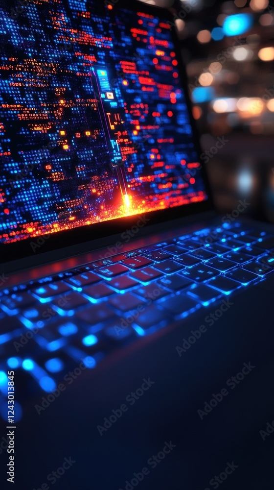 Poster cyberpunk night: illuminated laptop screen displaying complex code
