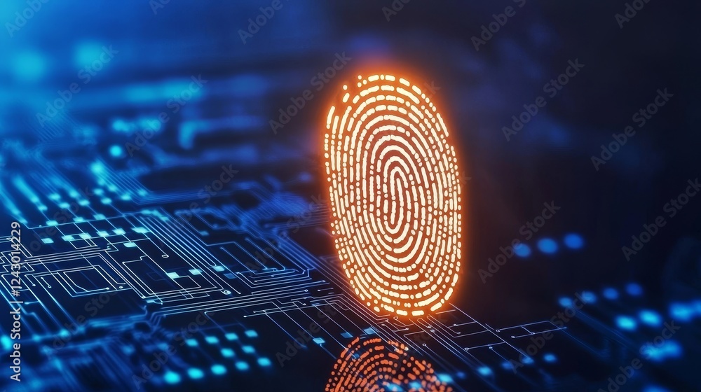 Poster concept of cybersecurity and data protection, incorporating a digital fingerprint scanner to verify 