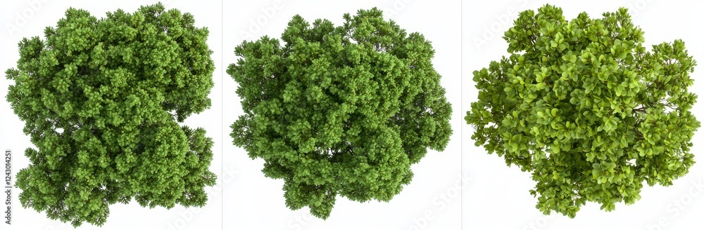 Poster an isolated top view of a set of green trees with a transparent background, illustrated in 3d with 2