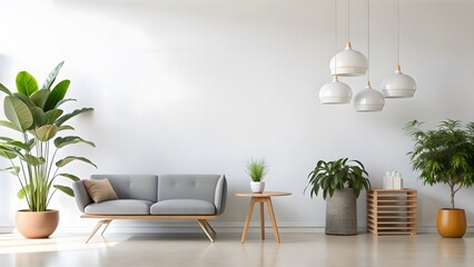 Modern Living Room Interior with Plants and Lighting