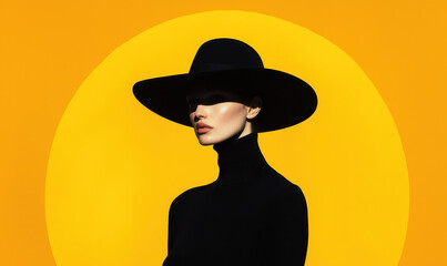 Exploring Modern Elegance: Minimalist Portrait with Bold Hat and Vibrant Sun Background in Fashion Photography