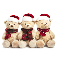 three teddy bears with Santa hats on white background