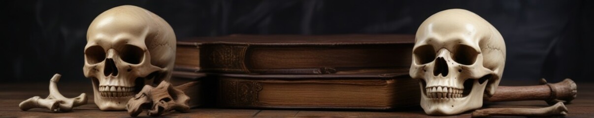 Fototapeta premium Skull and bone arrangement on a dark wooden table with leather-bound book, artifact, study, wood