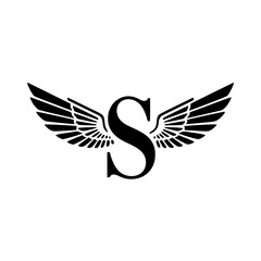 Obraz premium Winged Letter S Black Logo Design , Black letter S with symmetrical wings, creating a bold and stylish logo. Perfect for branding, aviation, business, sports, or creative identity. 