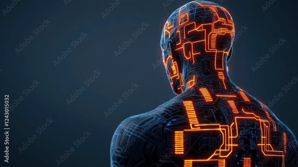 Poster glowing circuit android back view 3d render