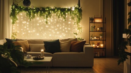 Fototapeta premium Green garlands and twinkling fairy lights bring a festive charm to a modern living room at night, with soft lighting enhancing the decor.