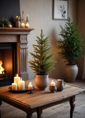Small fir tree on a wooden coffee table beside the fireplace with decorative vases and candles, small evergreen tree, Christmas tree by fireplace, vase arrangement