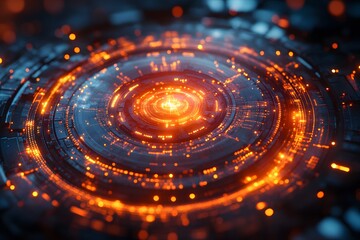Obraz premium Futuristic Digital Interface with Glowing Orange Circuit Patterns for Technology Backgrounds