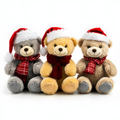 three teddy bears with Santa hats on white background
