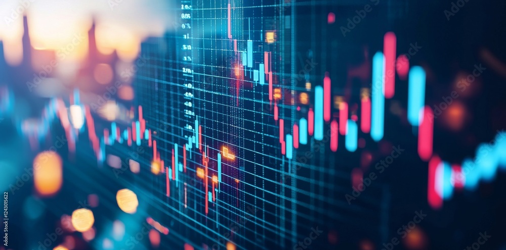 Poster a chart of the stock market with a backdrop of wall street and financial elements, created using gen