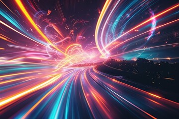 Naklejka premium Dynamic Colorful Overlay Featuring Radiant Swirls and Cinematic Grain Texture