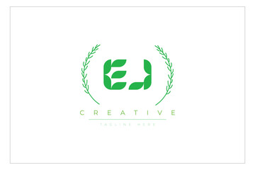 EJ letters eco logo with leaf. Fresh nature and healthy leaf logo design.