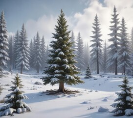 Obraz premium Snowy forest with a Christmas tree in the center, snowy woods, natural beauty