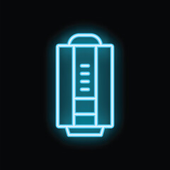 Blue neon icon of a modern electric water heater glowing on a dark background