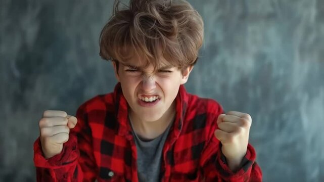 Energetic expression of joyful young person in vibrant plaid shirt celebrating with fists raised