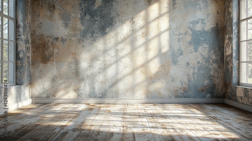 Poster an empty room features wood flooring and pristine white walls, with a spacious window situated in th
