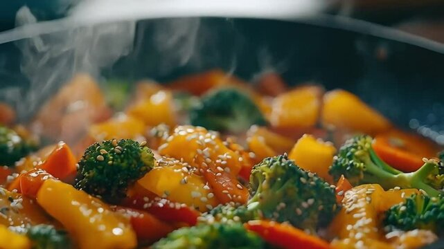 Colorful stirfry vegetables in motion: steaming broccoli, peppers, and sesame seeds