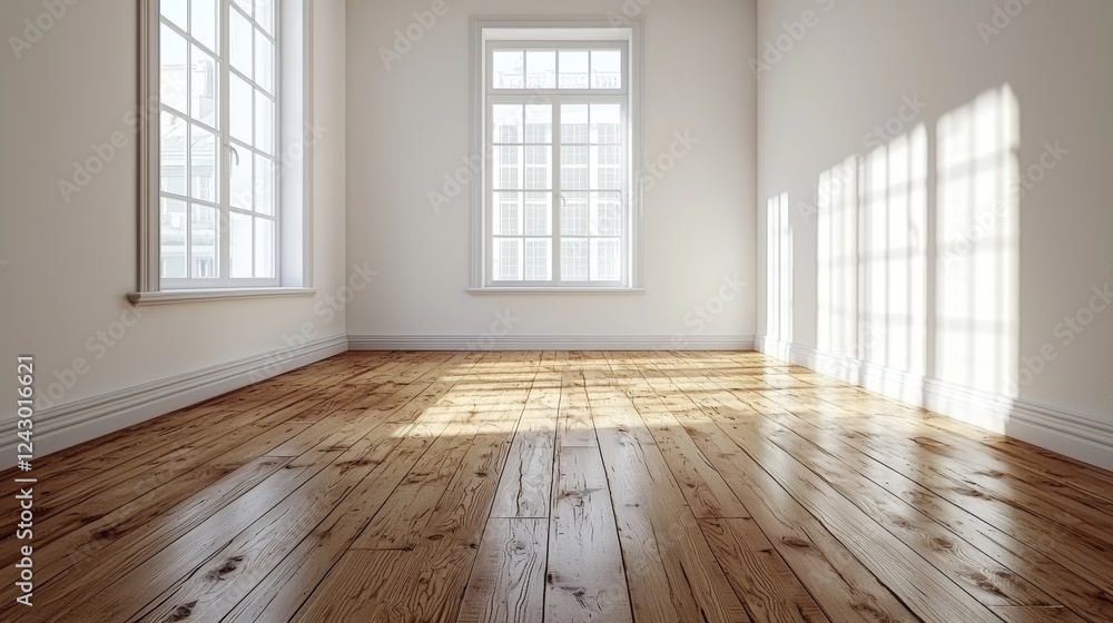 Poster a spacious room with wooden floors and clean white walls includes a large window in the corner, offe