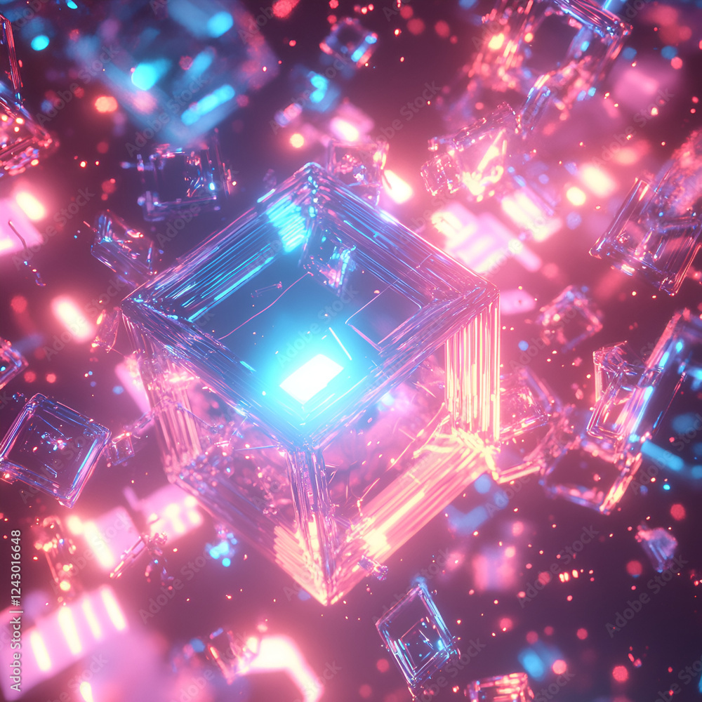 Poster neon cube abstract: a shimmering cube glows with vibrant neon colors, surrounded by a field of fragm