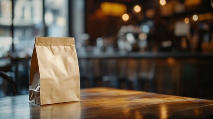 Kraft paper coffee bag mockup showcased on a cafe bar table, with a cozy and slightly blurred cafe ambiance.