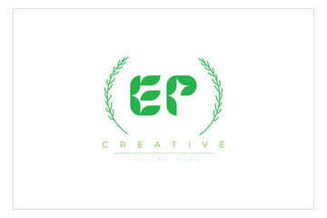 EP letters eco logo with leaf. Fresh nature and healthy leaf logo design.