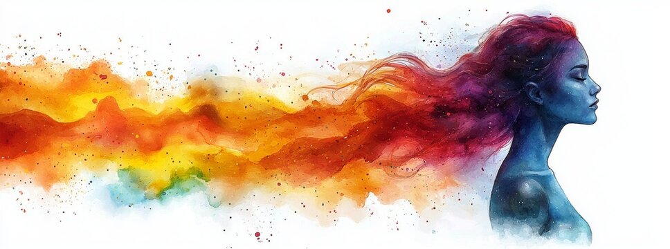 An illustration depicting a cheerful woman's head in vibrant paint splatters, highlighting the abstract themes of mental health, mindfulness, and self-care. The design features a white backdrop and