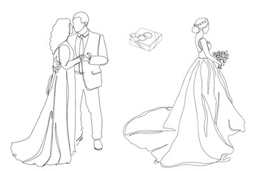 Fototapeta premium Wedding couple. Bride and groom in formal wear on wedding day, marriage ceremony. Newlyweds, couple in love, newlyweds. Bride holding bouquet. Vector illustration