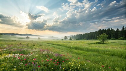 Fototapeta premium Soft sunlight peeks through the soft, white clouds of a serene landscape, illuminating a lush meadow with vibrant wildflowers, wildflowers, idyllic