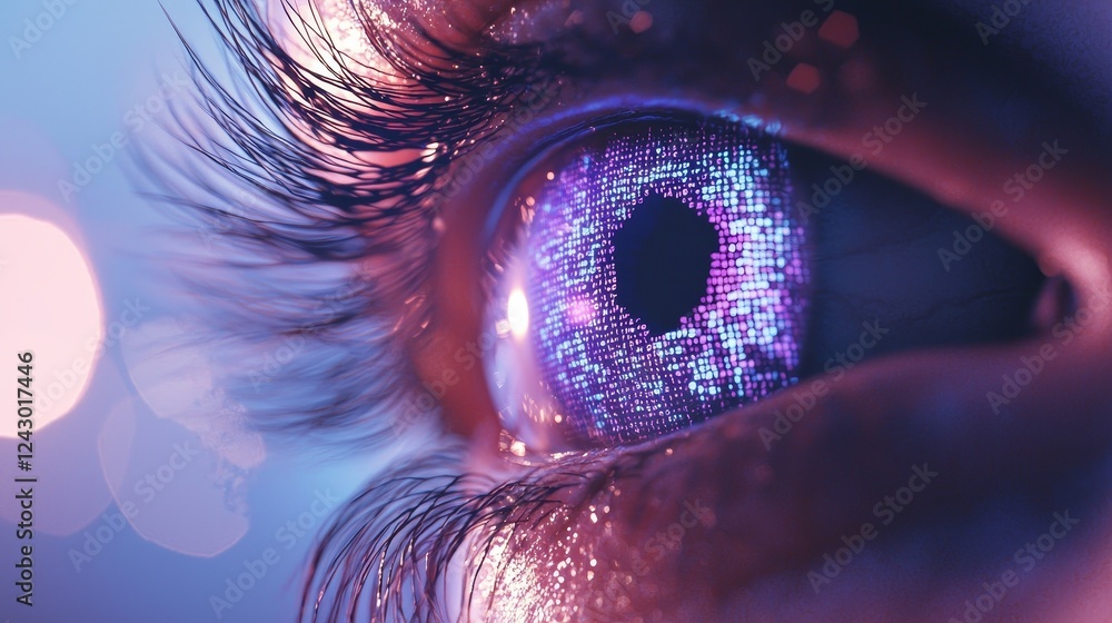 Poster a human iris animation featuring multiple colors. upon a flash, rainbow lines emanate from a bright 