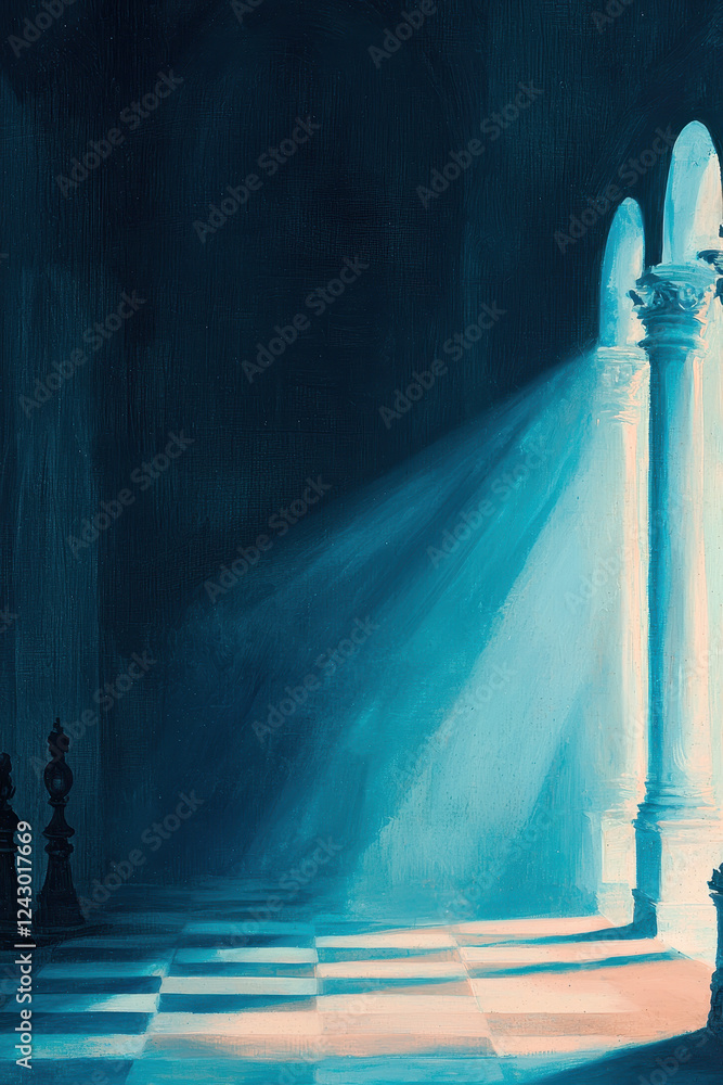 Poster captivating play of light and shadow illuminating classical architecture with majestic columns in a 