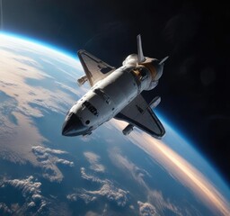 Naklejka premium Space shuttle in orbit around the Earth with a stunning view of the planet's atmosphere, cosmos, solar wind
