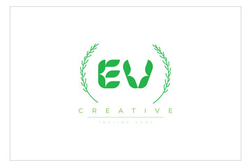 EV letters eco logo with leaf. Fresh nature and healthy leaf logo design.