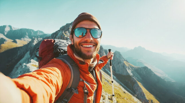 Young hiker man taking vertical selfie portrait on the top of mountain Happy guy smiling at camera Tourism sport life style and social media influencer concept : Generative AI See Less
- Powered by Adobe