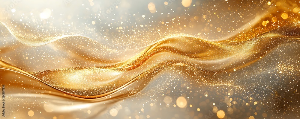 Poster shiny golden abstract waves forming luxurious curved yellow lines with a sparkling effect.