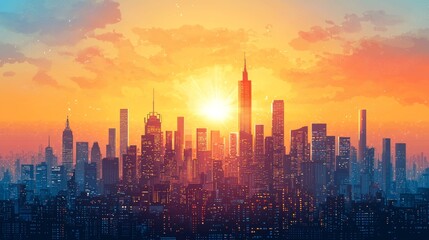 A retro comic halftone design of a downtown cityscape with an orange and yellow sunburst. A summer-themed image paired with a dark Halloween night theme. Stock photo.