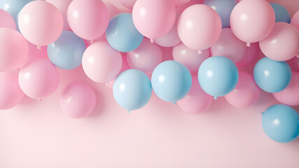 Beautiful panoramic background with pink and blue balloons. Group of pastel party balloons on soft background. Concept of happiness, joy, birthday. Generative AI