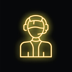 Yellow neon sign of a customer service representative wearing a headset on a black background