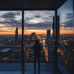Urban Dawn: A solitary figure silhouetted against the breathtaking panorama of a city waking at dawn, viewed from a skyscraper's expansive window.