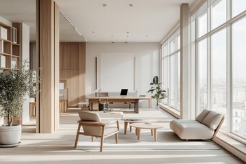 Fototapeta premium Bright and airy modern workspace with large windows showcasing greenery on a sunny day
