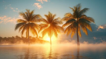 Obraz premium Serene sunrise over tropical palm trees with gentle mist