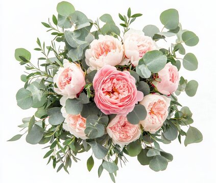 recommend clip art: A watercolor floral design featuring pink flowers and eucalyptus greenery. The bouquet includes dusty roses and soft light blush peonies, forming a border, wreath, or frame. Ideal for wedding