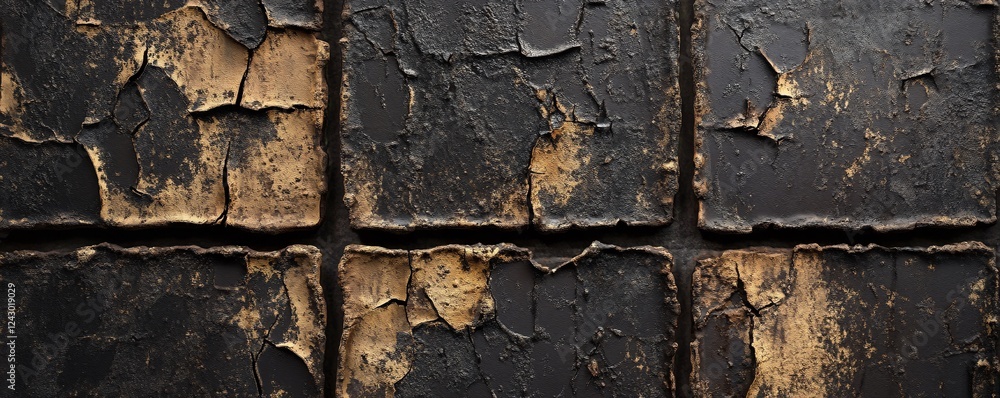 Poster black and gold cracked stone tiles creating abstract pattern